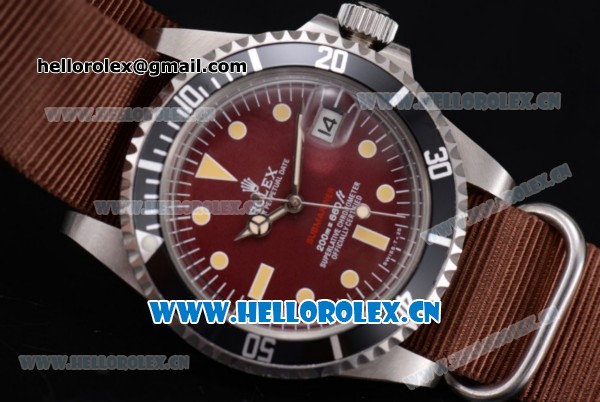 Rolex Submariner Vintage Asia 2813 Automatic Steel Case Red Dial Dot Markers and Brown Nylon Strap - Click Image to Close